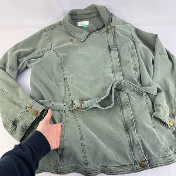 Anthropologie Plus 3X Everyday Belted Moto Jacket Light Green Lined Zip & Button - Picture 7 of 16